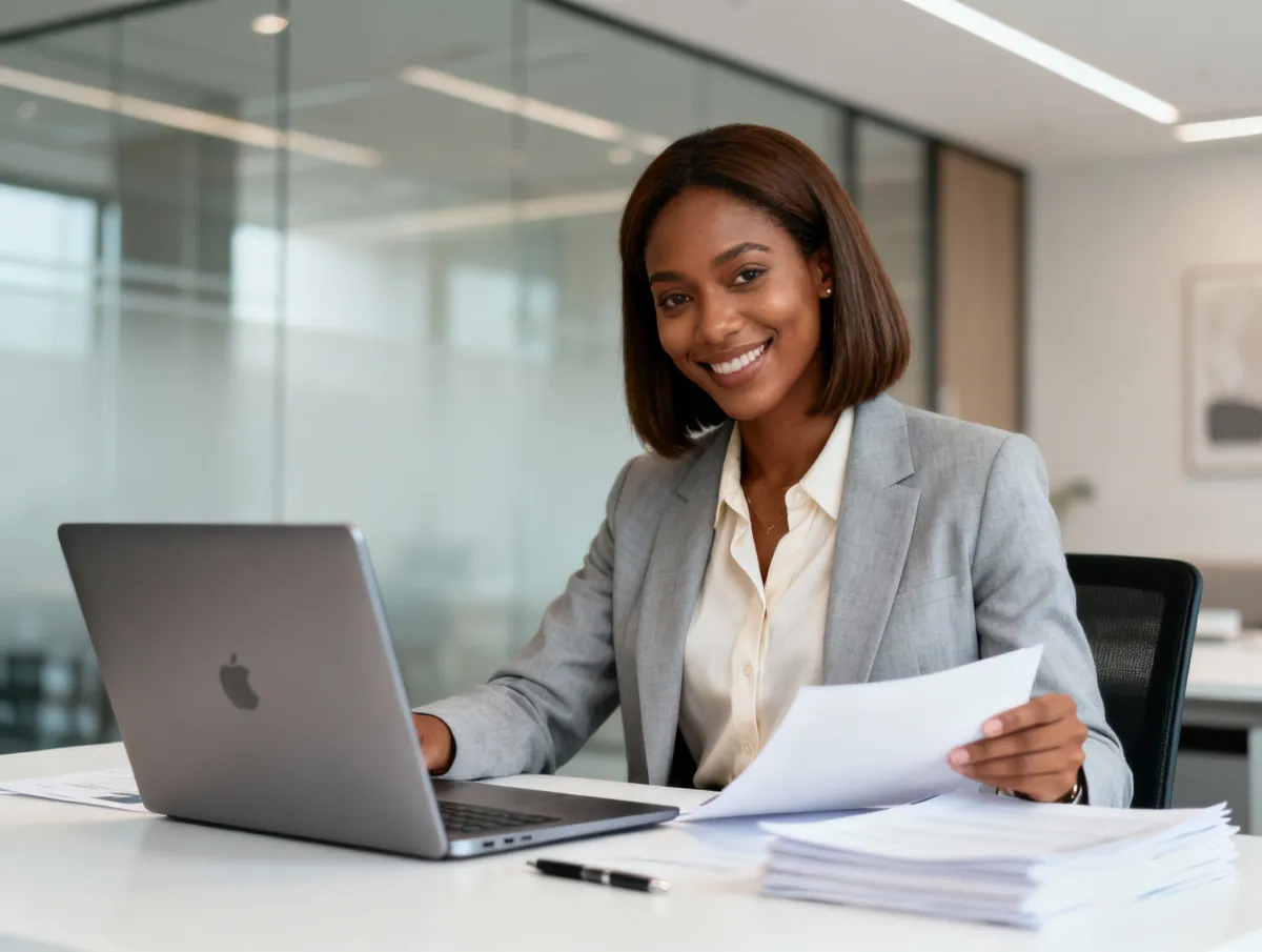 Bruna sorrindo em escritório